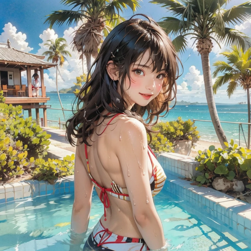 ((highest quality, masterpiece, High resolution)), ((reality)),Photos of beautiful Japanese women,((anime art))、 (((1 girl))), normal size breasts, slim body shape, long ponytail,double eyelid, Wet see-through micro bikini, A pareo with bold ethnic patterns and plenty of primary colors、(Brown skin:1.4),realistic skin、Wet,whole body,cinematic light、tropical、Against the background of palm trees on both sides、on a sunny beach、With the sea in the background、blur background、smile