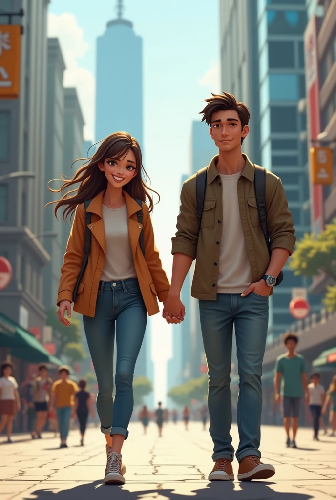 A young woman walking backwards with a guy in a city (They don't hold hands )
