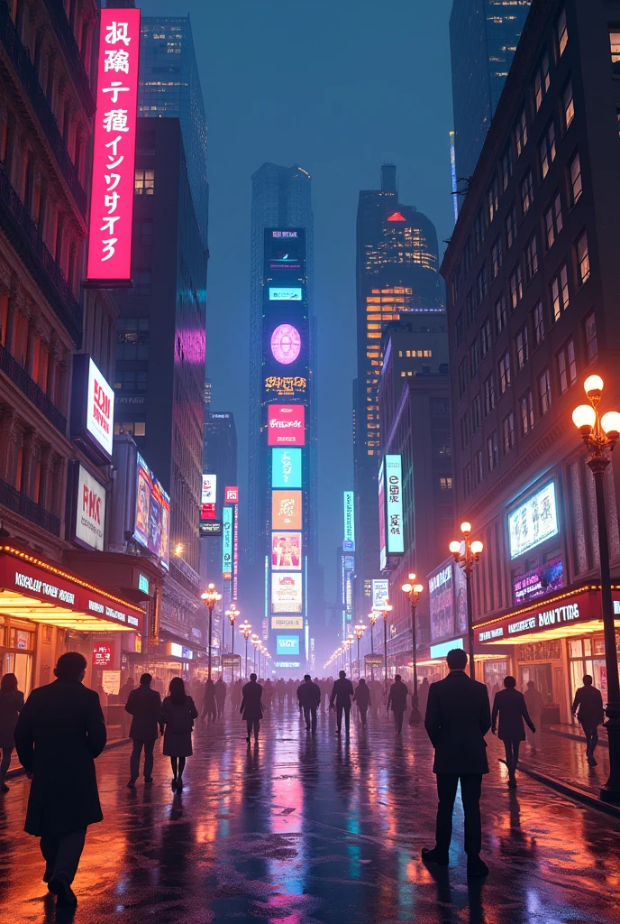 Street with illuminated buildings
