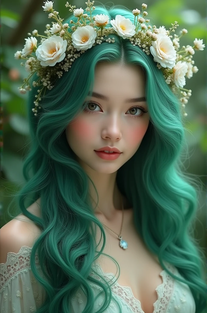 Green hair, long hair, white beauty, dress up, flower decoration on head