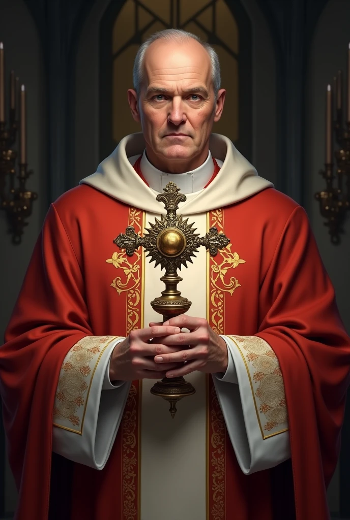 Create an image of a gentleman approximately 40 years old, half bald, in red and white priest's clothes , holding a monstrance of the Blessed Sacrament
