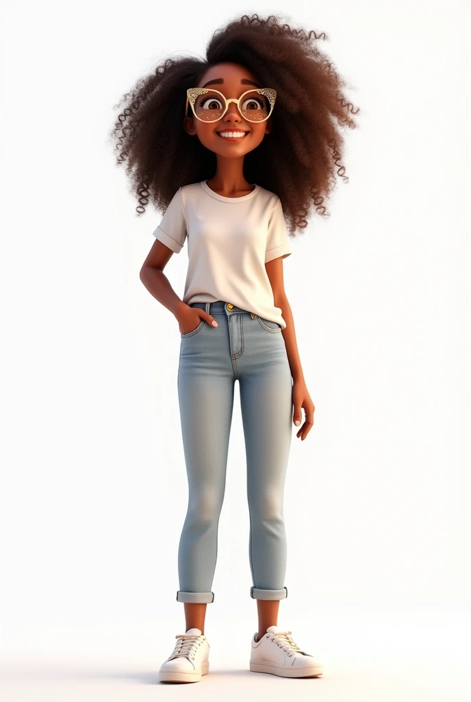 A young woman in her 20s, Pixar-style, with dark skin and lush curly brown hair big. Wear delicate glasses, transparent with gold details, that highlight your bright eyes. Wear a basic white t-shirt, light jeans and white sneakers, transmitting joy and youth. Standing, With a radiant smile, against a pure white background, demonstrating your vibrant and relaxed personality. Soft lighting and realistic textures for a stunning effect