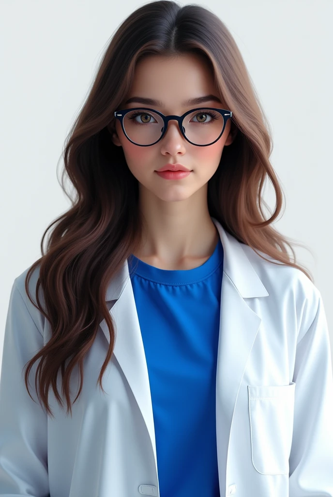 1girl, woman, focus on face and upper body, beautiful brunette, long hair, wearing a white doctor's coat, royal blue T-shirt and glasses, transparent background