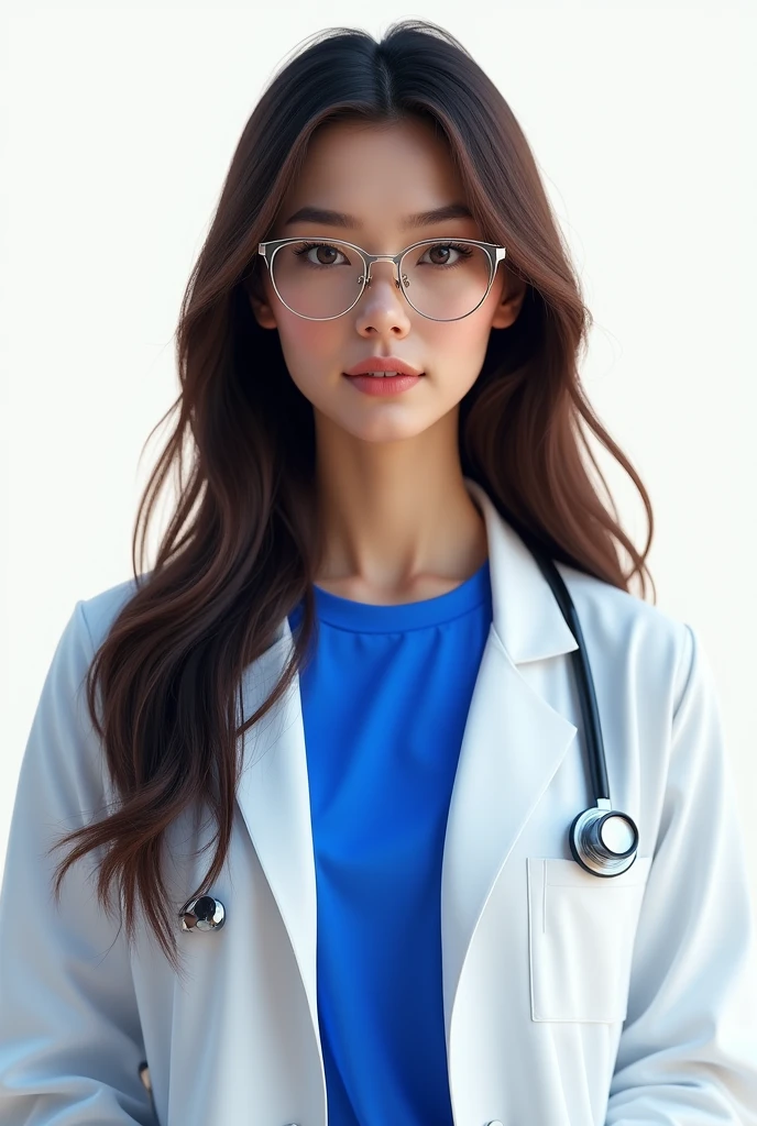 1girl, woman, focus on face and upper body, beautiful brunette, long hair, wearing a white doctor's coat, royal blue T-shirt and glasses, transparent background