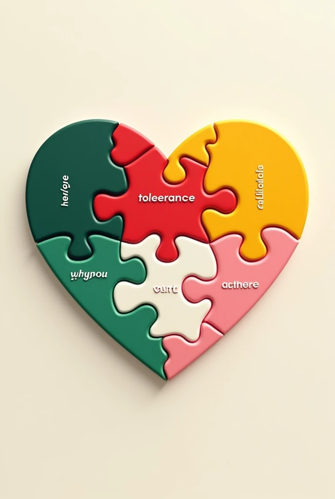 Image of a heart shaped puzzle containing the word love in red, tolerance in green, peace in white, solidarity in pink, fellowship in yellow