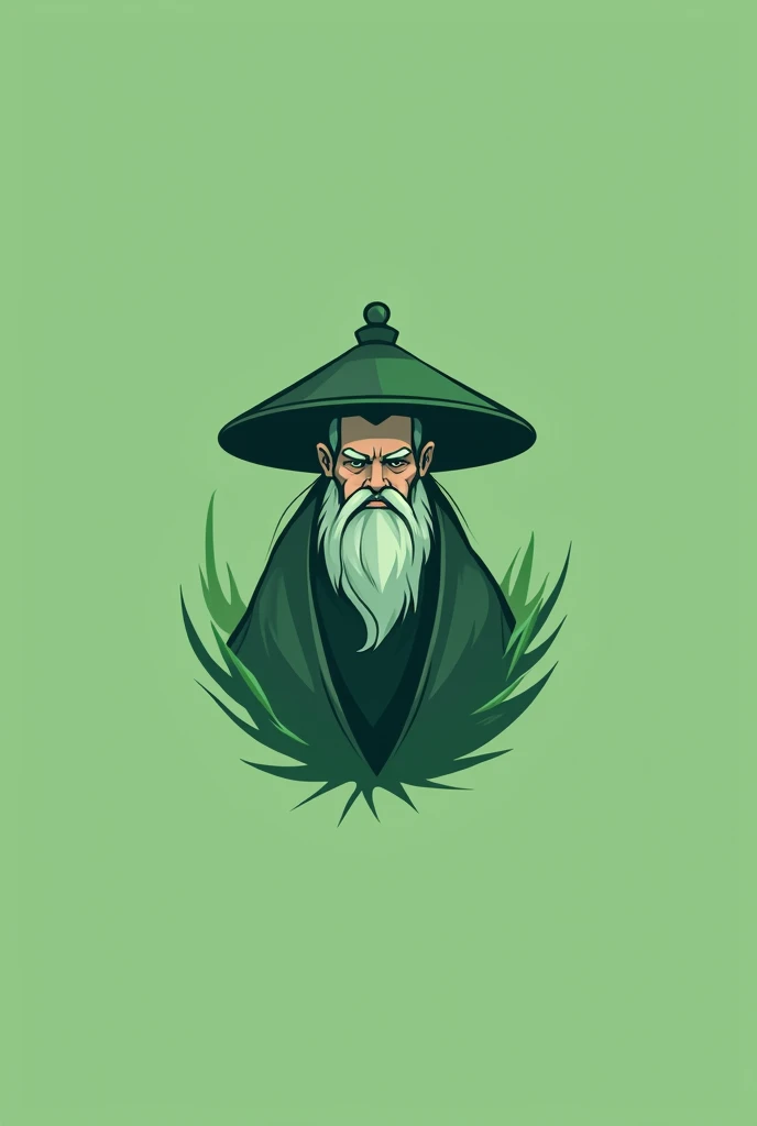 Green minimalist logo with a hero similar to the earth spirit from the game Dota 2 in a Japanese hat with a beard and a signature at the bottom Right Click