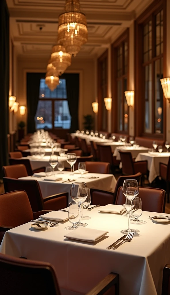 "In the image, A stylish and well-lit restaurant invites customers to enjoy an unforgettable dining experience. Tables covered with white tablecloths and fine cutlery are lined up in neat rows, while the walls are decorated with paintings and art objects. Warm, soft lighting creates a cozy atmosphere, inviting diners to relax and savor every bite of their meal."
Do you like this description for a photo of a restaurant??
