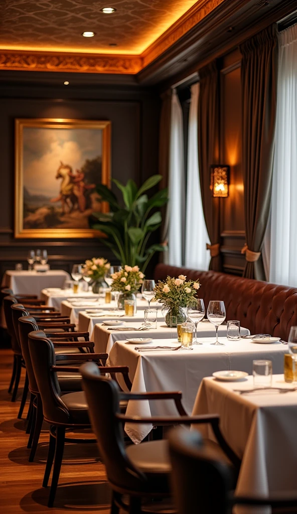 "In the image, A stylish and well-lit restaurant invites customers to enjoy an unforgettable dining experience. Tables covered with white tablecloths and fine cutlery are lined up in neat rows, while the walls are decorated with paintings and art objects. Warm, soft lighting creates a cozy atmosphere, inviting diners to relax and savor every bite of their meal."
Do you like this description for a photo of a restaurant??