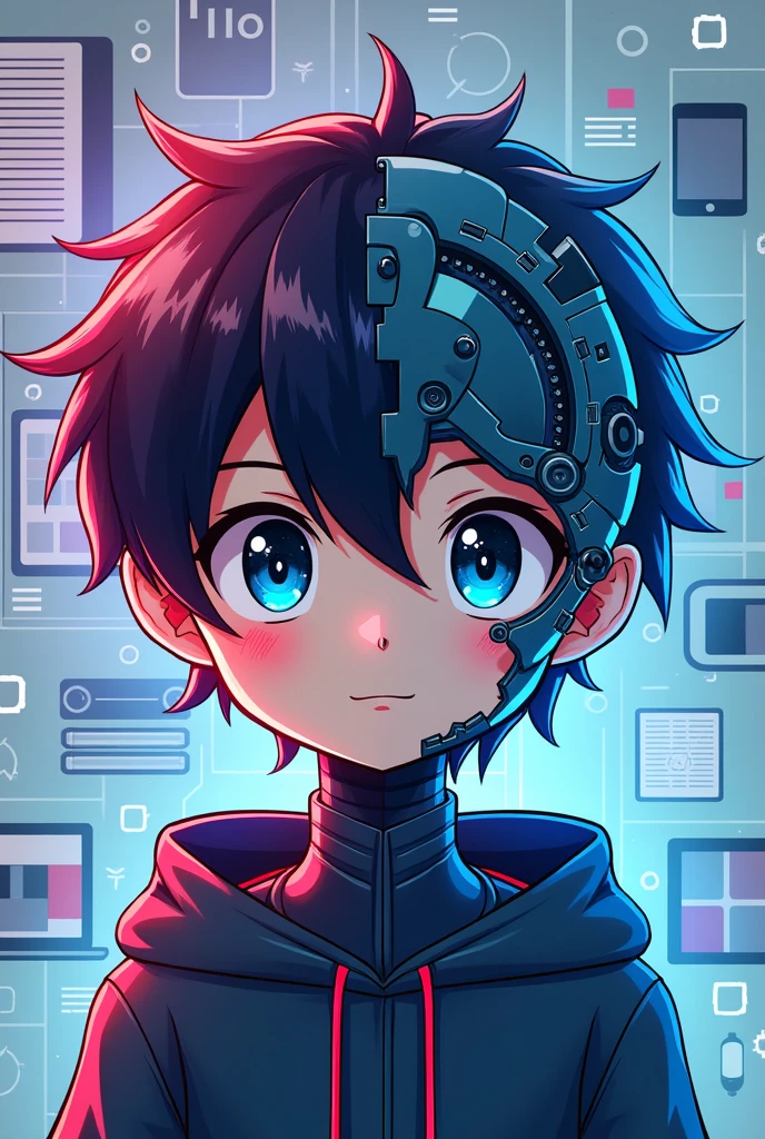 Create a logo image for your Facebook page profile ( technological color image, that has to do with school, education, book reading, newspaper, cellular, computer) put in the logo, the face of an anime style boy, the boy's face, metade humano, half robot.