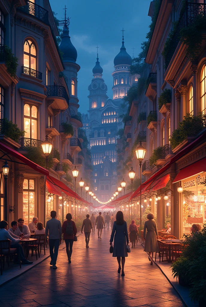 Street with illuminated buildings