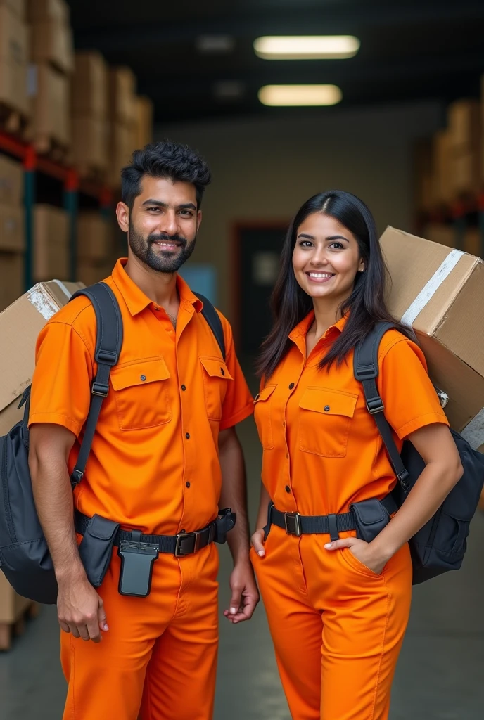 (photorealism:1.2), A boy (man) and a girl (women), mexicans, both 27 years old, chargers, orange uniform, black belt for carrying, in the background there is a warehouse of a house of materials