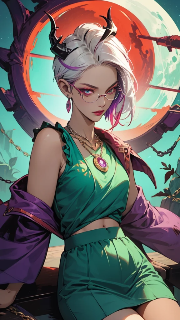 8k, masterpiece, best quality, highly detailed, 1 girl, tiefling, warlock, pixie cut, multicolored hair, very short straight hair red highlight hair on white hair, strippled hair, wearing glasses, round glasses, earrings, navel piercing, red eyeshadow, long eyelashes, blushed cheek, red lips, pearl necklace, rings, collarbone, mole on face, glamorous, teal and purple clothes, sleeveless, miniskirt, smirk, close up view, rings, looking at viewer, demon horns, solo, void, blood red moon, standing, chains on the background.