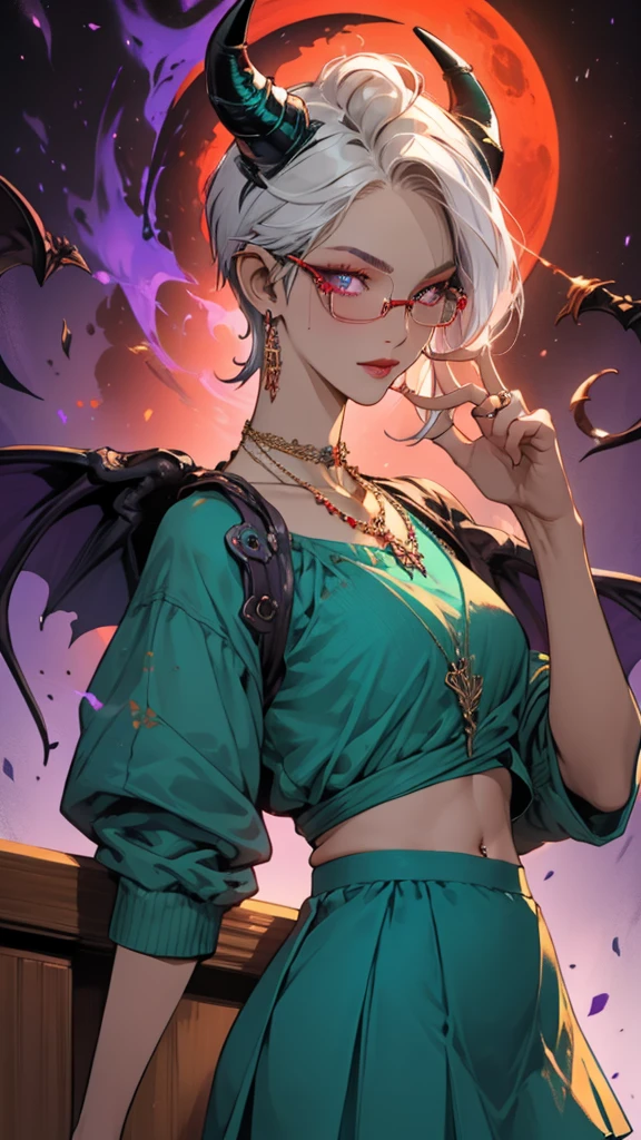 8k, masterpiece, best quality, highly detailed, 1 girl, tiefling, warlock, pixie cut, multicolored hair, very short straight hair red highlight hair on white hair, strippled hair, wearing glasses, round glasses, earrings, navel piercing, red eyeshadow, long eyelashes, blushed cheek, red lips, pearl necklace, rings, collarbone, mole on face, glamorous, teal and purple clothes, sleeveless, miniskirt, smirk, close up view, rings, looking at viewer, demon horns, solo, void, blood red moon, standing, chains on the background.