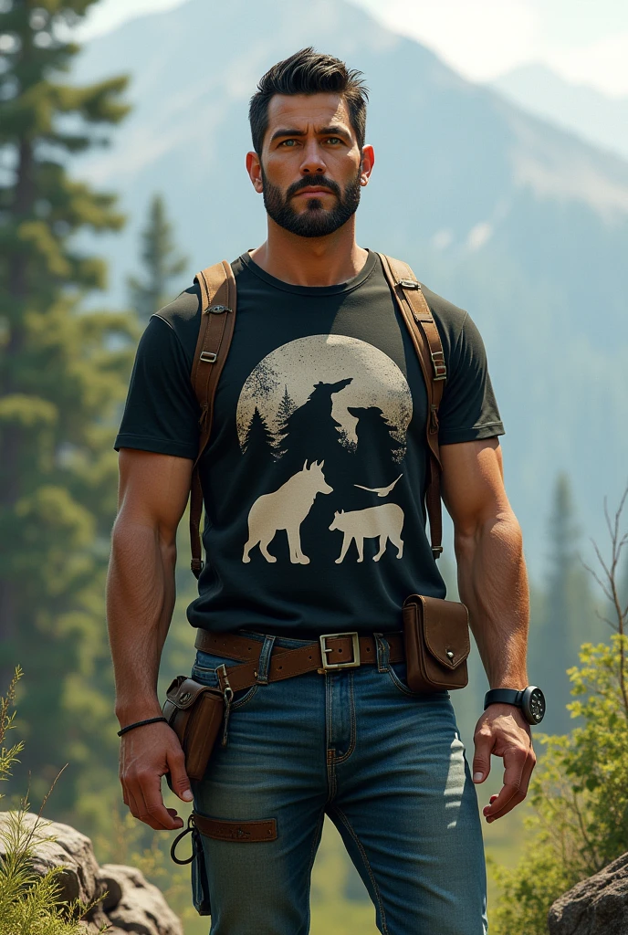 A 36-year-old man, green eyed, Short black hair, Tez blanca , con jeans , Mountain boots , A black t-shirt that has letters that say “Mastiff World” with a wolf , a bear and a swallow flying above it
