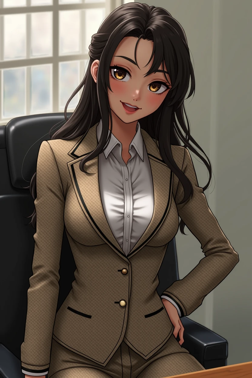 Ibuki Mioda /(danganronpa/), ultra-detailed bank, head of&#39;artwork, illustration, 8k, head of&#39;artwork, Realistic shadows, paint, volumetric lighting, Mignon, ambient lighting, cowboy shot, colored, beautiful detailed eyes 1girl, only, (original outfit), smile, {office background}, formal costume