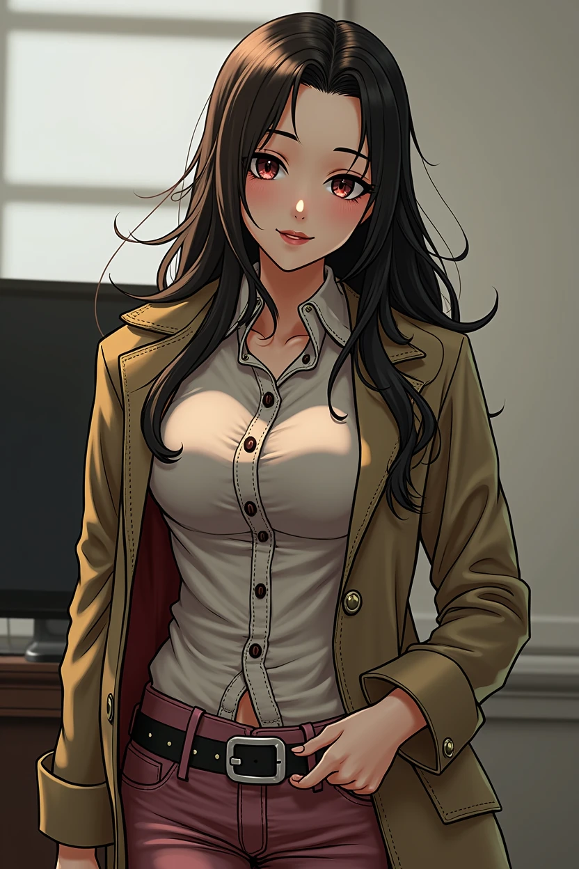 Ibuki Mioda /(danganronpa/), ultra-detailed bank, head of'artwork, illustration, 8k, head of'artwork, Realistic shadows, paint, volumetric lighting, Mignon, ambient lighting, cowboy shot, colored, beautiful detailed eyes 1girl, only, (original outfit), smile, {office background}, formal costume