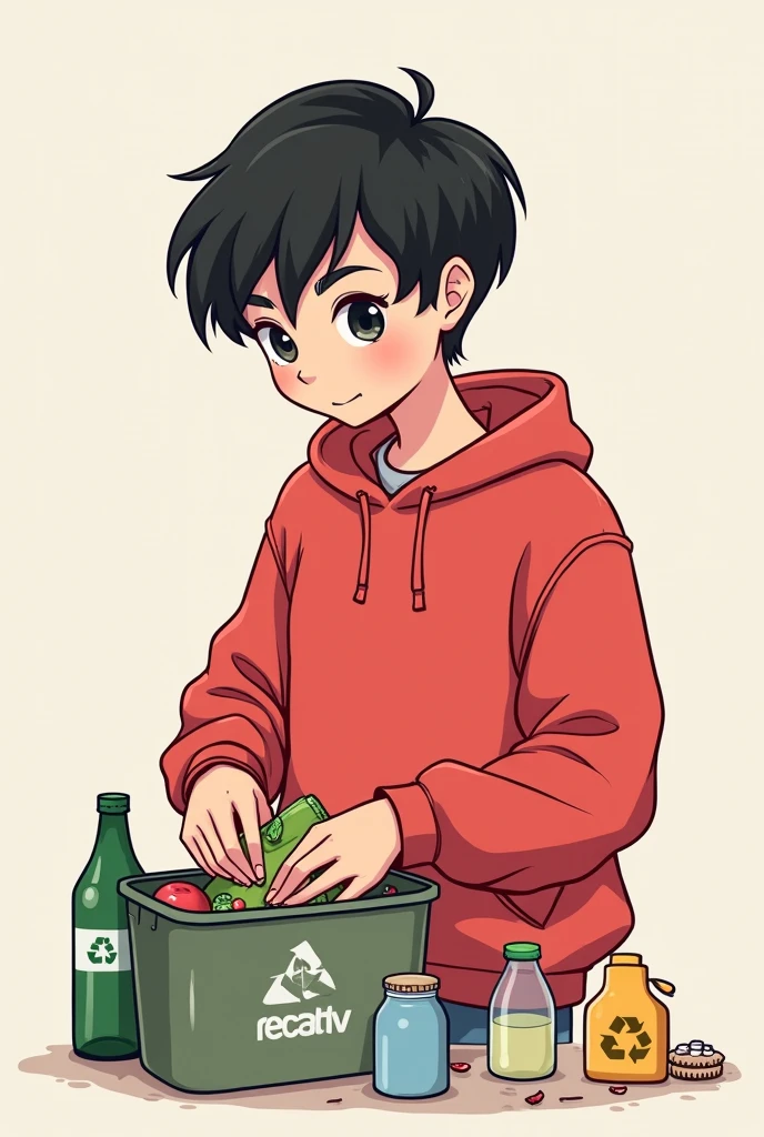 Create a drawing of a teenager with short hair, big eyes and a cherry-colored sweatshirt recycling in an easy style