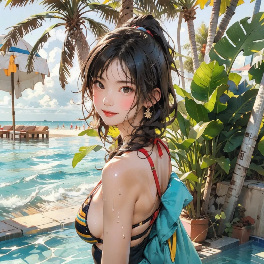 ((highest quality, masterpiece, High resolution)), ((reality)),Photos of beautiful Japanese women,((anime art))、 (((1 girl))), normal size breasts, slim body shape, long ponytail,double eyelid, Wet see-through micro bikini, A pareo with bold ethnic patterns and plenty of primary colors、(Brown skin:1.4),realistic skin、Wet,whole body,cinematic light、tropical、Against the background of palm trees on both sides、on a sunny beach、With the sea in the background、blur background、smile