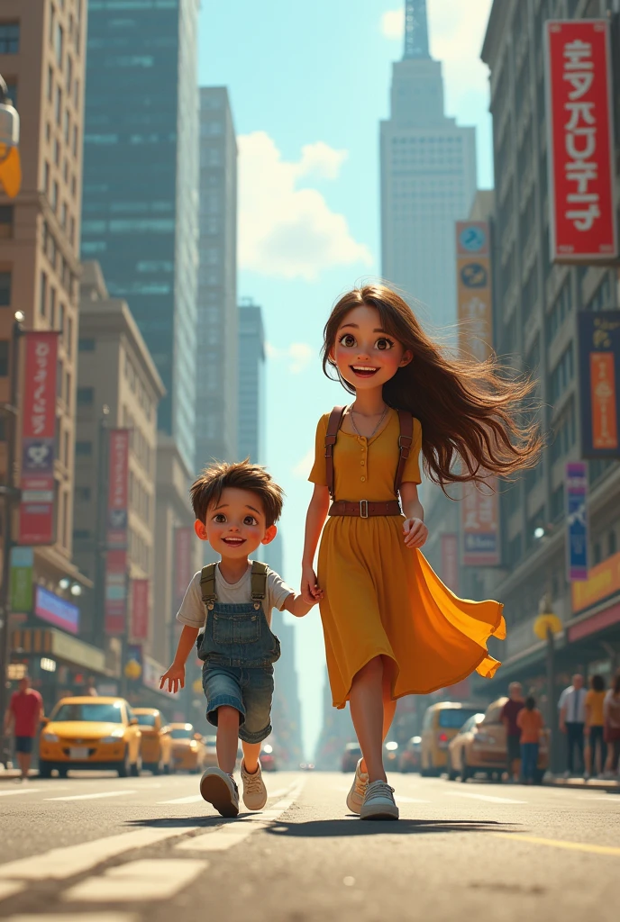 A young woman walking backwards with a boy in a city