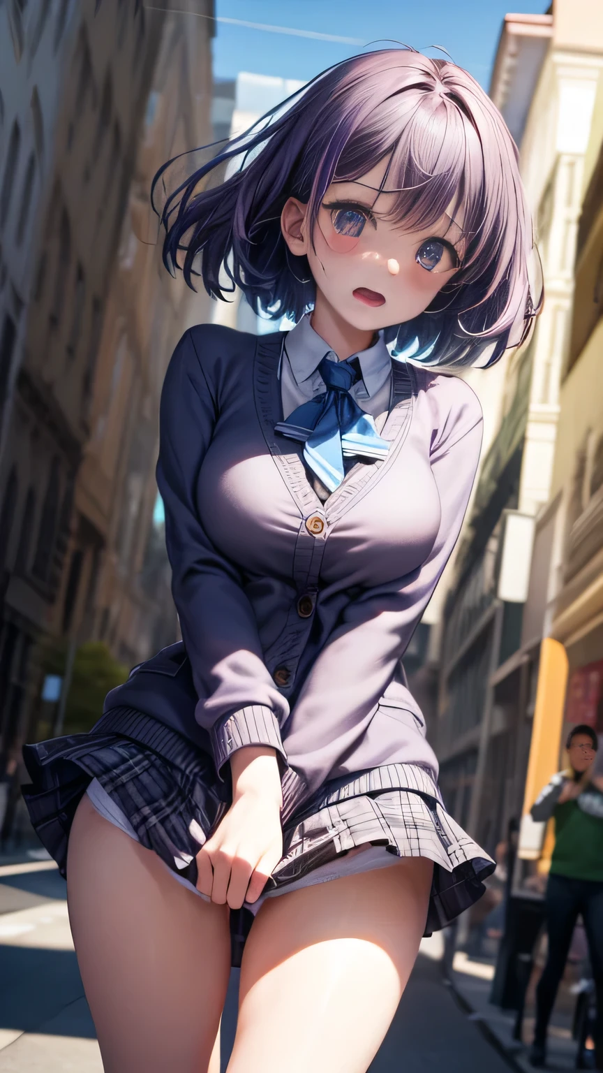 (Very detailed CG Unity 8K wallpaper),(masterpiece), (Highest quality), (Very detailed), (Best illustrations),(Best Shadow)、Large Breasts、crowd、Surprised expression、The wind makes her underwear visible through her skirt(Sheer white panties、Streaks are visible 1.2)、Embarrassed and blushing。Purple eyes and very short purple hair、White blouse、Blue tie、Checked mini skirt、Beige cardigan、Dynamic Angle