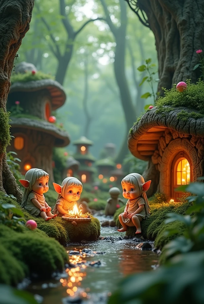 Create an ultra-realistic 3D image of a group of charming, small elves in their magical forest village. Each elf is rendered with lifelike detail—soft, smooth skin with a subtle glow, large, expressive eyes that sparkle with curiosity, and delicate features that capture their innocence and playfulness. Their clothing is crafted from natural materials like intricately woven leaves, delicate flower petals, and soft moss, each texture rendered with meticulous realism. Their small, pointy ears and tiny hands and feet add to their endearing appearance.

Their village is nestled within a dense, ancient forest, where towering trees with rugged bark and lush, green foliage create a protective canopy overhead. The elves' homes are mushroom-shaped cottages with realistic textures, from the speckled caps to the wooden doors adorned with tiny, detailed carvings. The scene is lit with soft, ambient light filtering through the trees, casting gentle shadows that enhance the depth and realism of the environment.

The forest floor is covered in a rich tapestry of moss, fallen leaves, and glowing, bioluminescent plants, each element rendered with lifelike detail. In the background, a crystal-clear stream reflects the surrounding trees and sky, its surface disturbed by gentle ripples. The elves are engaged in various activities—some play near the water, their reflections perfectly mirrored in the stream, while others gather around a small, crackling fire that illuminates their faces with a warm, realistic glow.

The atmosphere is serene and magical, capturing the peaceful and harmonious life of these endearing creatures in a setting that feels both fantastical and tangibly real."

This prompt is designed to create a highly detailed and realistic 3D depiction of adorable elves in their magical forest village, with an emphasis on lifelike textures and natural lighting.









