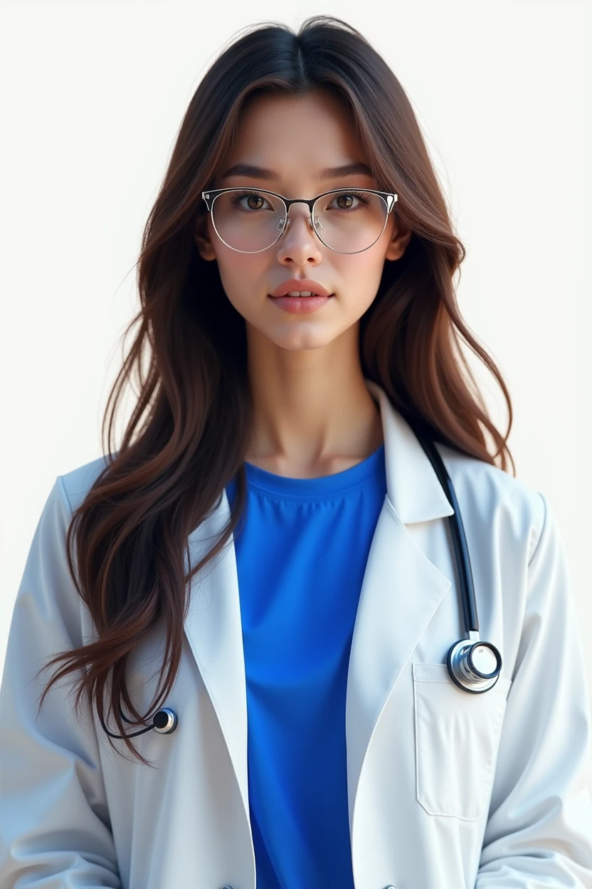 1girl, woman, focus on face and upper body, beautiful brunette, long hair, wearing a white doctor's coat, royal blue T-shirt and glasses, transparent background
