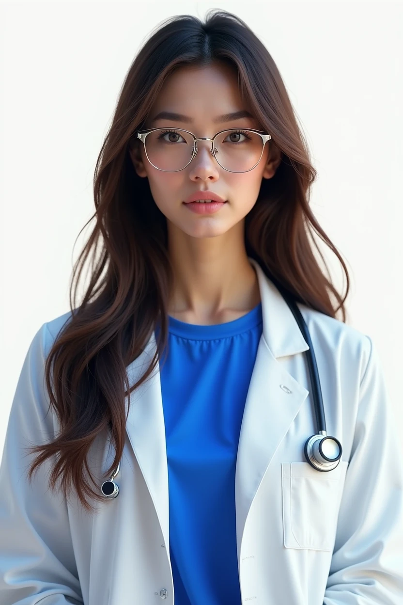 1girl, woman, focus on face and upper body, beautiful brunette, long hair, wearing a white doctor's coat, royal blue T-shirt and glasses, transparent background