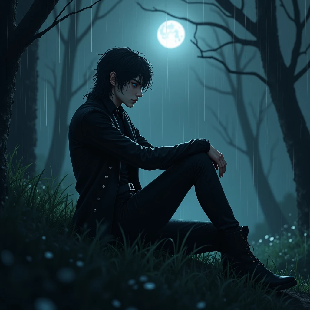 A sexy young male with black long hair, teal blue eyes with gothic clothing, sitting under the moonlight. And looking at the moon. (((Gloomy atmosphere))) ((gloomy))) (((unhappy))) (((despair))) Surreal, Insanely detailed, Detailed face, extremely detailed texture, Ultra Detail, Detailed face. Exquisite details and textures, no facial or body hair. ((Depressed)) ((smooky)) (((heavy rain)) ((rainy)))) (((cold))) (((forest)))