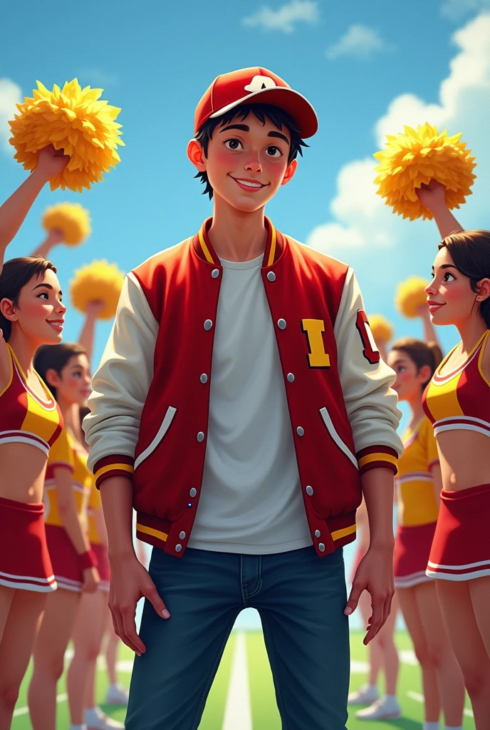 Uma capa de livro, The features are: a football capo and cheerleaders. Instead of her, Make a BOY.