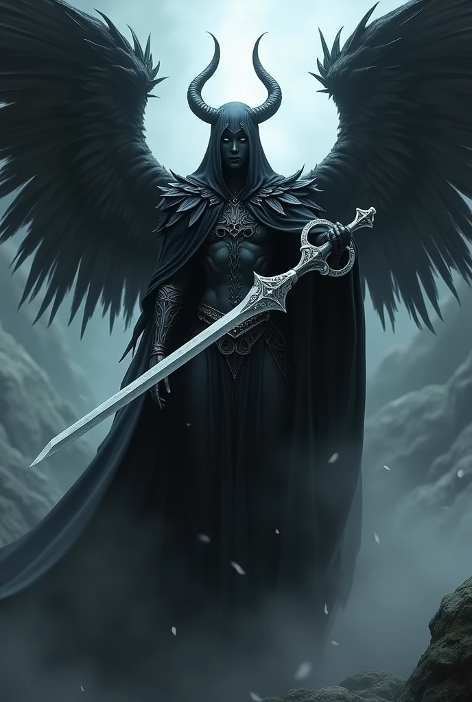 Gtirthura the flying dark angel, holding a key-sword with silver bird wings