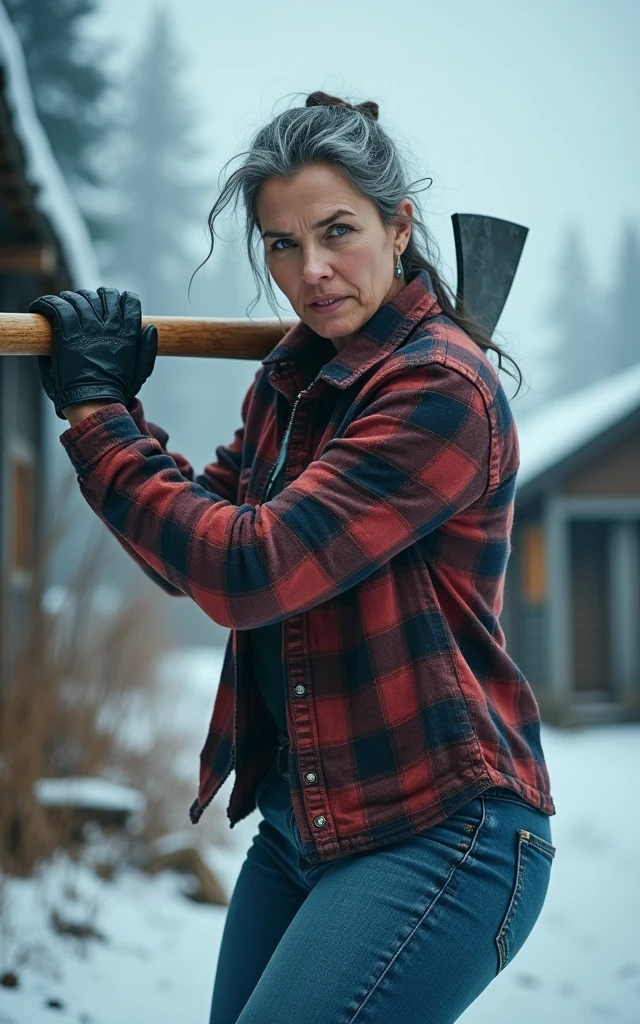 (masterpiece) finest quality, ultra-detailed, ultra-realistic, 40-year-old female, piercing gaze, average person, strong and gray hair, lumberjack shirt and slouchy jeans, (wielding her axe: 1.3) , in cold and bluish tones, in the background rustic houses and sometimes some vegetation, dynamic angle, high resolution display, realistic lighting and shadows, breathtaking.