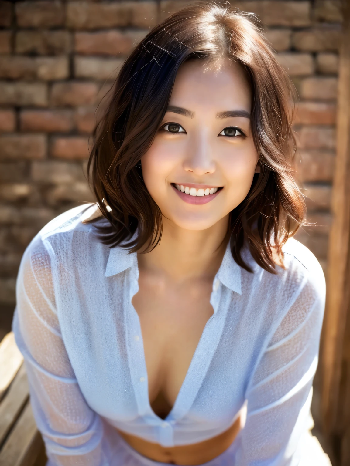 You are a professional gravure photographer.。future、Beautiful Eyes、 ((highest quality)), Clear contours, Woman with beautiful face, (((One Girl,alone))), ((Beautiful Eyes)), Sex Appeal,Albedo and Specular Maps、Accurate simulation of lightweight material interactions、Thigh shot、Three-dimensional background、Bob Hair、Fully open shirt,smile
