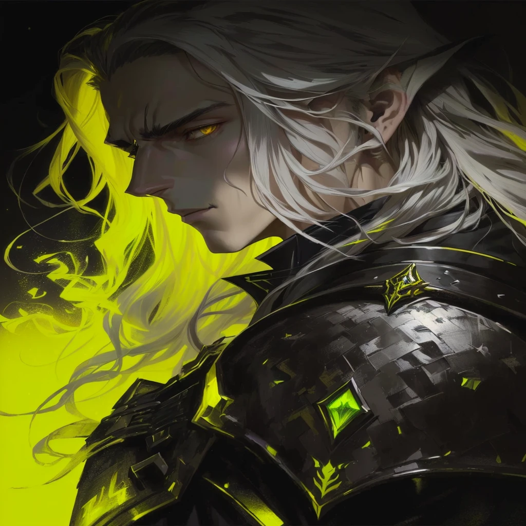 a close up of a man with long hair and a yellow light, handsome guy in demon slayer art, amazing portrait of viego, alucard, 由杨J, lindo drow, Elrico de Melnibone, portrait of Drizzt Do&#39;urden, retrato de barbatana wildcloak, Fantasy graphic novel style, artgerm comic