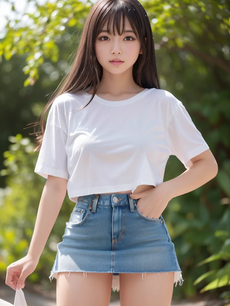 8k,Highest quality, Tabletop, Ultra-detailed, 超High resolution, Realistic, RAW Photos, Absurd, The absolute solution, One Girl, whole body, View your viewers,Young and beautiful woman in Japan, Super cute face, Attractive person, Large Breasts,Long Hair,A little embarrassed, (White T-shirt and ultra short micro denim mini skirt:1.5),No underwear,Sexy photo pose in the shade of a beautiful beach ,Glossy Lips, 美しいAttention to detail目,Double eyelids on both eyes, Natural Makeup, 光沢のある滑らかなライトブラウンのLong Hair, Asymmetrical bangs, Glowing Skin, (Glowing Skin,Sweaty:1.3),Center image, High resolution, Attention to detail, Detailed hairstyle, Detailed face, Great cinema lighting, Octane Rendering, Vibrant, Ultra-realistic, Perfect limbs, Perfect Anatomy, Spread your legs,Provocative dynamic pose,Skirt flip,(no panties:1.5),nsfw,(spread pussy:1.5)