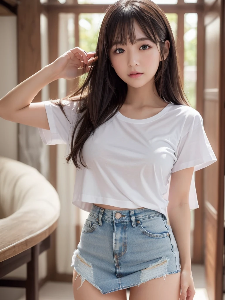 8k,Highest quality, Tabletop, Ultra-detailed, 超High resolution, Realistic, RAW Photos, Absurd, The absolute solution, One Girl, whole body, View your viewers,Young and beautiful woman in Japan, Super cute face, Attractive person, Large Breasts,Long Hair,A little embarrassed, (White T-shirt and ultra short micro denim mini skirt:1.5),No underwear,Sexy photo pose in the shade of a beautiful beach ,Glossy Lips, 美しいAttention to detail目,Double eyelids on both eyes, Natural Makeup, 光沢のある滑らかなライトブラウンのLong Hair, Asymmetrical bangs, Glowing Skin, (Glowing Skin,Sweaty:1.3),Center image, High resolution, Attention to detail, Detailed hairstyle, Detailed face, Great cinema lighting, Octane Rendering, Vibrant, Ultra-realistic, Perfect limbs, Perfect Anatomy, Spread your legs,Provocative dynamic pose,Skirt flip,(no panties:1.5),nsfw,(spread pussy:1.5)