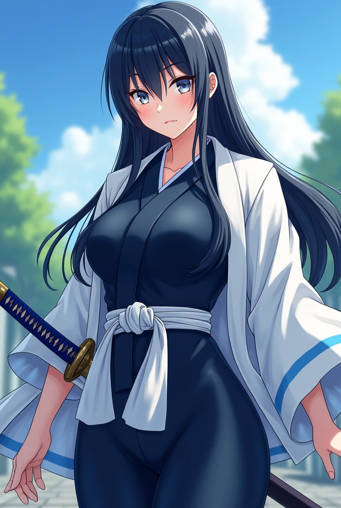 Kimetsu No Yaiba style anime woman with a medium size bust and wide waist. 

Big gray eyes and long, straight navy blue hair. 

Wearing the demon slayer’s uniform. And a white belt

a katana with a blue handle and a white haori with light blue edges.

A confident expression on her face


