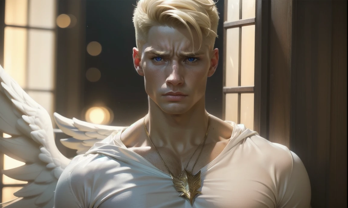 [((highly detailed, detailed eyes, detailed face, clear and realistic facial features, photorealistic, realistic light, cinematic, facing the viewer)), (1 man), (((((Gorgeous sexy powerful masculine male angel))))), (((two grand golden wings coming from his back))), ((((short blond hair)))), ((((very pale eyes with white iris)))), ((35 years old)), ((wearing flattering angelic clothes)), (((aura of divine power))), standing in a cozy apartment at nighttime, ((light blush)), (((((wearing a clearly irritated expression)))))]