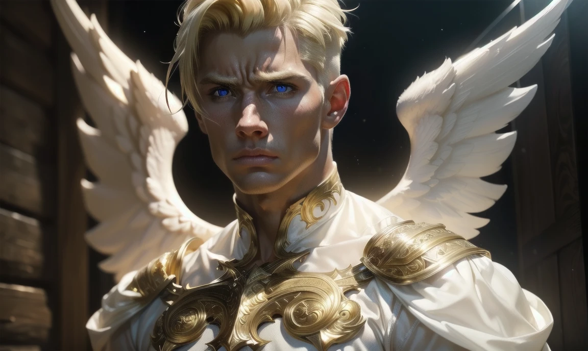 [((highly detailed, detailed eyes, detailed face, clear and realistic facial features, photorealistic, realistic light, cinematic, facing the viewer)), (1 man), (((((Gorgeous sexy powerful masculine male angel))))), (((two grand golden wings coming from his back))), ((((short blond hair)))), ((((very pale eyes with white iris)))), ((35 years old)), ((wearing flattering angelic clothes)), (((aura of divine power))), standing in a cozy apartment at nighttime, ((light blush)), (((((wearing a clearly irritated expression)))))]