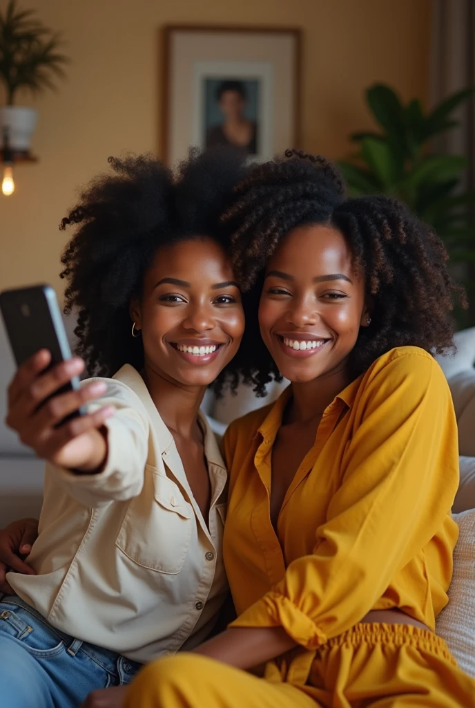 Beautiful black women at home talking selfie