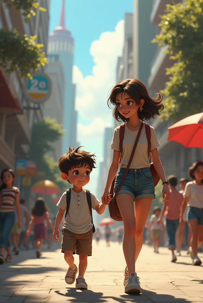 A young woman walking backwards with a boy in a city