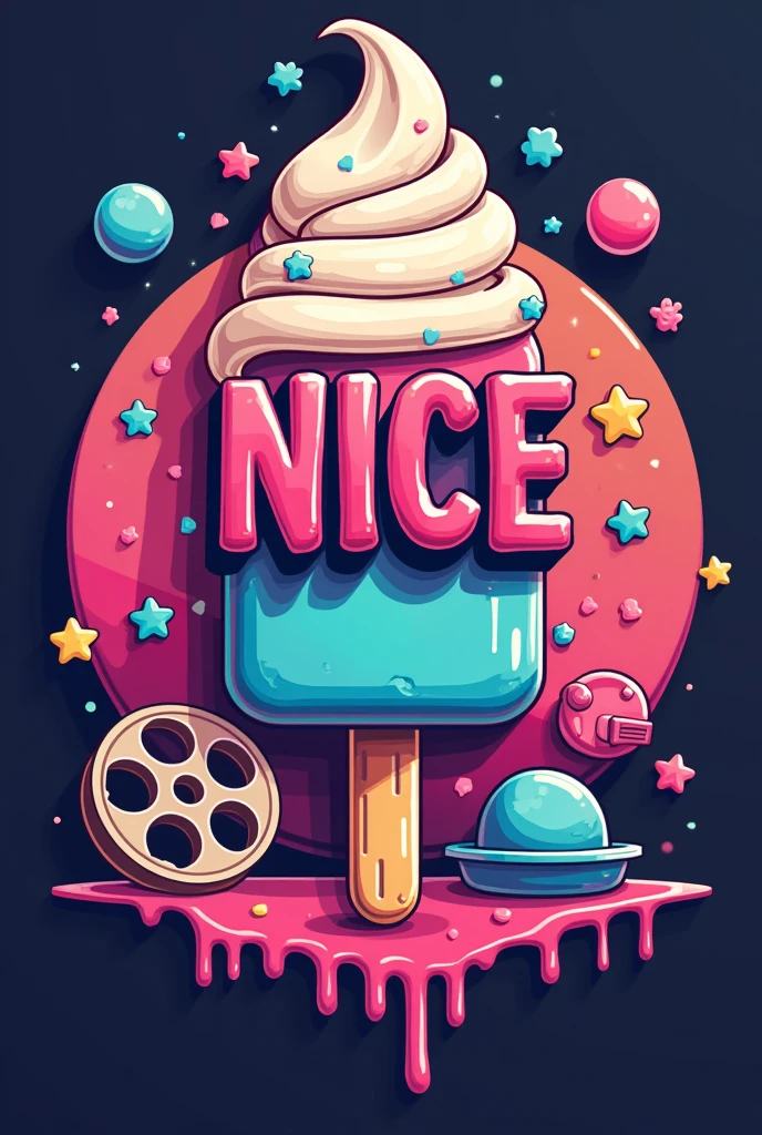 i need a significant logo for a YouTube channel which contains topics like movies, action figures, cosplays, video games and pop culture. the name of channel is NICE AM STIEL which is a german pun for a popsicle which means EIS AM STIEL in german. please visualize a proper logo with the likeness of a popsicle and everything I mentioned in the description. Be sure that the main ice cream part of the popsicle consists of the letters NICE