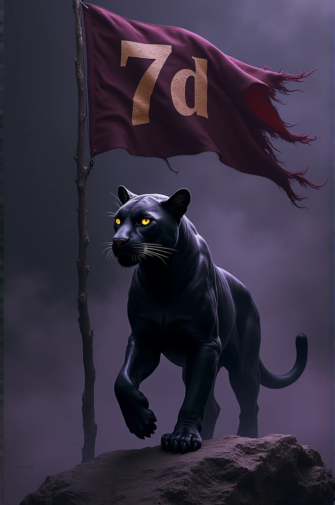 Make a black panther holding a flag written 7d with the predominant colors of everything black and dark purple and the panther looks realistic but not so much
