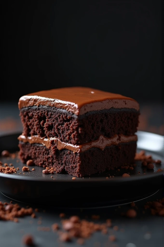 cinematic film still chocolate, chocolate cake, dark background, quality photo, moist texture, frosting, studio photo, slice . shallow depth of field, vignette, highly detailed, high budget, bokeh, cinemascope, moody, epic, gorgeous, film grain, grainy