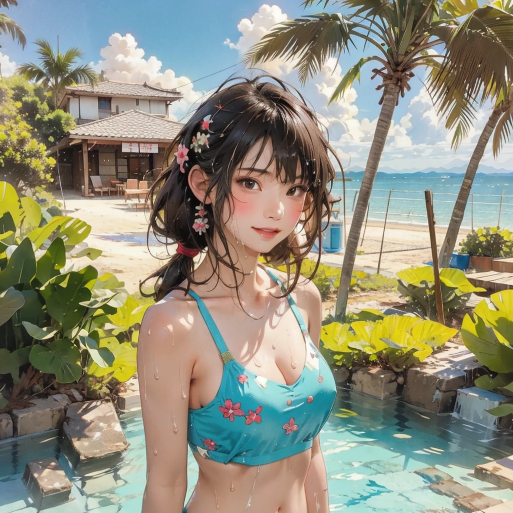 ((highest quality, masterpiece, High resolution)), ((reality)),Photos of beautiful Japanese women,((anime art))、 (((1 girl))), normal size breasts, slim body shape, long ponytail,double eyelid, Wet see-through micro bikini, A pareo with bold ethnic patterns and plenty of primary colors、(Brown skin:1.4),realistic skin、Wet,whole body,cinematic light、tropical、Against the background of palm trees on both sides、on a sunny beach、With the sea in the background、blur background、smile