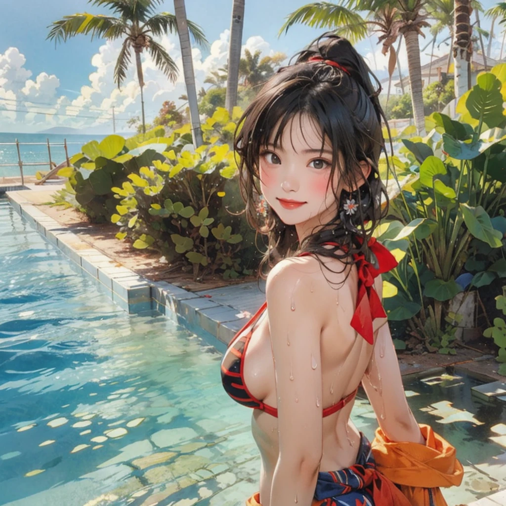 ((highest quality, masterpiece, High resolution)), ((reality)),Photos of beautiful Japanese women,((anime art))、 (((1 girl))), normal size breasts, slim body shape, long ponytail,double eyelid, Wet see-through micro bikini, A pareo with bold ethnic patterns and plenty of primary colors、(Brown skin:1.4),realistic skin、Wet,whole body,cinematic light、tropical、Against the background of palm trees on both sides、on a sunny beach、With the sea in the background、blur background、smile