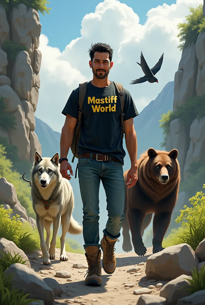 A 36-year-old man, green eyed, Short black hair, Tez blanca , con jeans , Mountain boots , A black t-shirt that has letters that say "Mastiff World" the man is walking with a wolf , a bear and a swallow flying above it