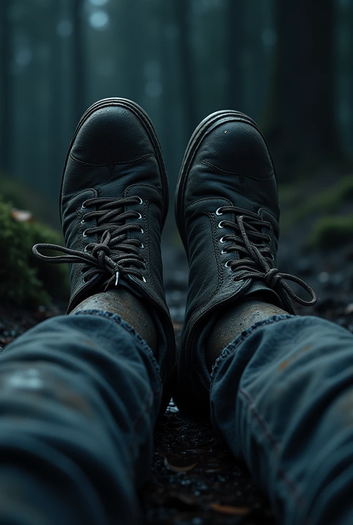 An image of John's feet in the darkness of the night, with muddy boots and black nails, suggesting a long walk and physical exhaustion.