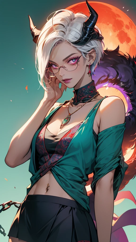 8k, masterpiece, best quality, highly detailed, 1 girl, tiefling, warlock, pixie cut, multicolored hair, very short straight hair red highlight hair on white hair, strippled hair, wearing glasses, round glasses, earrings, navel piercing, red eyeshadow, long eyelashes, blushed cheek, red lips, pearl necklace, rings, collarbone, mole on face, glamorous, teal and purple clothes, sleeveless, miniskirt, smirk, close up view, rings, looking at viewer, demon horns, solo, void, blood red moon, standing, chains on the background.