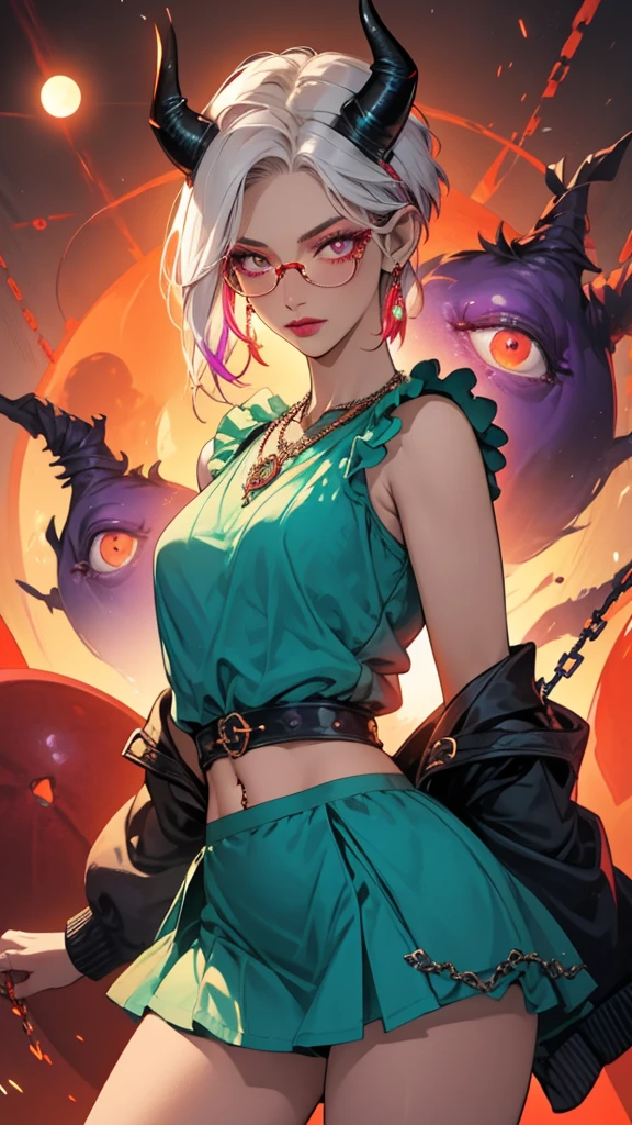 8k, masterpiece, best quality, highly detailed, 1 girl, tiefling, warlock, pixie cut, multicolored hair, very short straight hair red highlight hair on white hair, strippled hair, wearing glasses, round glasses, earrings, navel piercing, red eyeshadow, long eyelashes, blushed cheek, red lips, pearl necklace, rings, collarbone, mole on face, glamorous, teal and purple clothes, sleeveless, miniskirt, smirk, close up view, rings, looking at viewer, demon horns, solo, void, blood red moon, standing, chains on the background.
