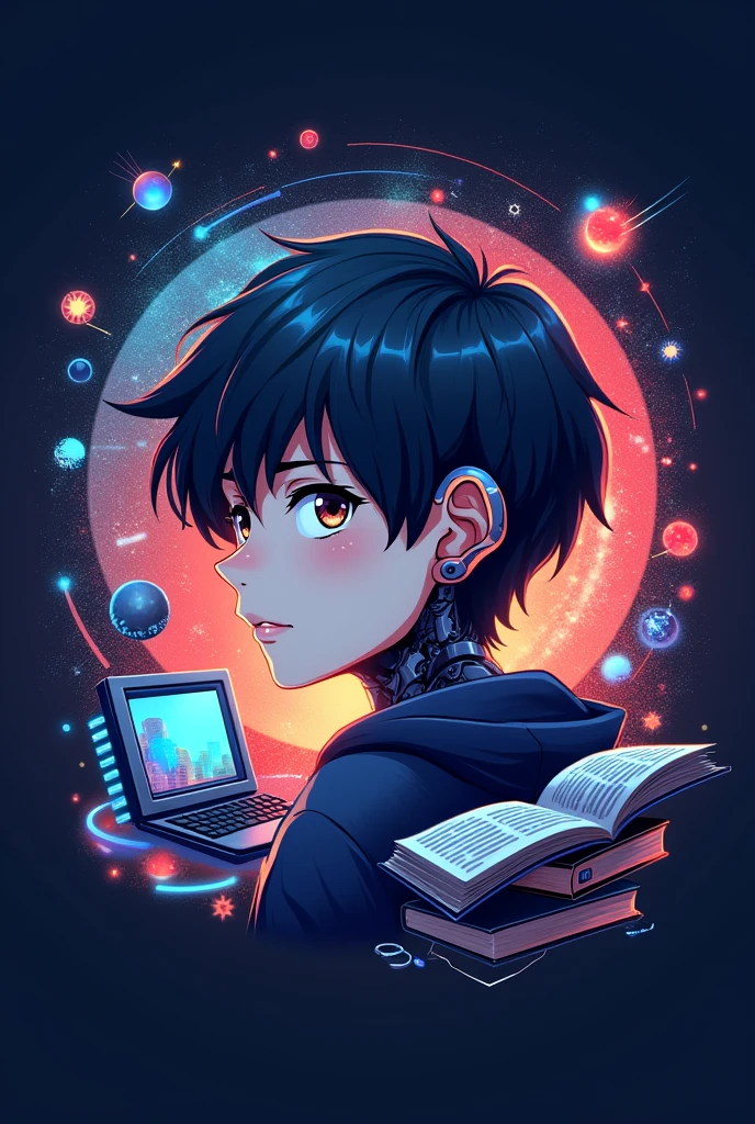 Create a logo image for your Facebook page profile ( technological color image, that has to do with school, education, book reading, newspaper, cellular, computer) put in the logo, the face of an anime style boy, the boy's face, metade humano, half robot.